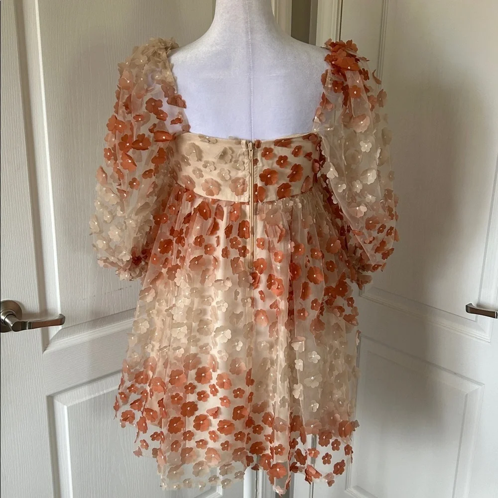 Vestiqúe Fairycore Romantic Sheer 3D Floral Babydoll Dress Puff Sleeves.​​